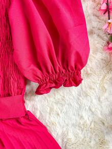 Pleated Midi Dress With Elastex Waist - Hot Pink - View 5