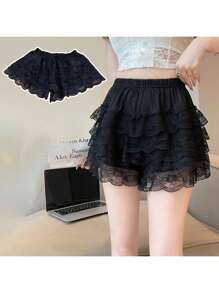 Womens Layered Ruffle Shorts Casual Elastic Waist Solid Color Lace Bloomers Lolita Clothes - 黑色 - 查看 8