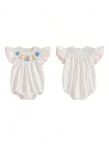 Baby Girls Smocked Romper Birthday Clothes Birthday Cake Embroidery Fly Sleeve Bubble Bodysuits Infant Jumpsuit - White - View 7