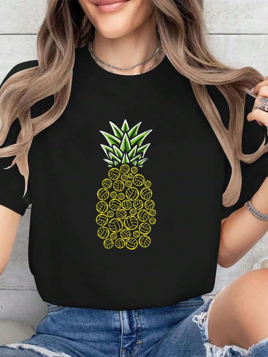 100% Cotton Pineapple Aloha Beaches Hawaii Beach Volleyball - Vball T-Shirt - Black - View 1