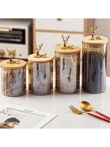1 pieza Tarros y latas de alimentos, lata de almacenamiento de café de vidrio, lata de té ámbar sellada, tarro para leche en polvo azúcar, recipiente de almacenamiento de cocina, decoración del hogar, para granos, diversos y granos de café, artículos de cocina