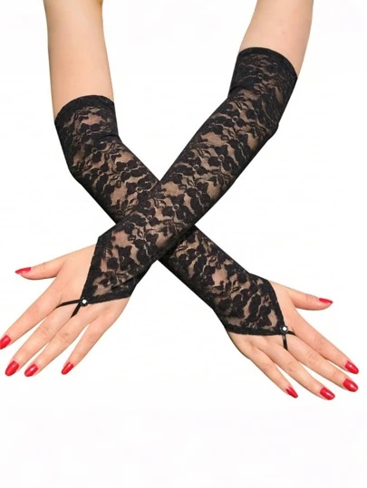 1 双新娘婚纱配饰，带钩指亮钻蕾丝手套，欧美时尚性感长手套 - 完美搭配优雅长裙或婚纱 - 特殊场合的华丽装扮配饰。情人节配饰