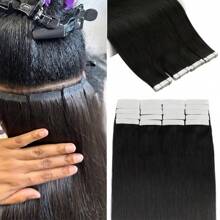 Extensiones de cabello con cinta adhesiva recta, sin costuras, de piel, con cinta adhesiva, invisible, cabello humano real, color natural - Natural Black - Ver 2