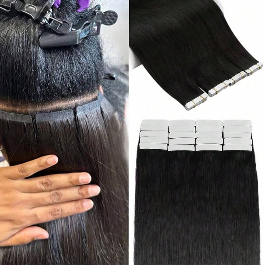 Extensiones de cabello con cinta adhesiva recta, sin costuras, de piel, con cinta adhesiva, invisible, cabello humano real, color natural