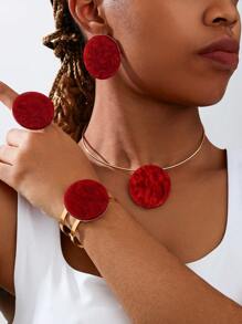 Asymmetric Circular Inlaid Acrylic Opening Bracelet And Ring, Simple Collar And Earring Set - Set - View 2