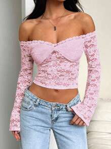 GAOVOT Women's Autumn Y2K Sexy Fitted One Shoulder Long Sleeve Lace Blouse - Pink - View 4