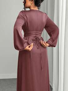 Women's Elegant Solid Round Neck Lantern Sleeve Slim Waist Dress, Modest Spring - Coffee Brown - View 2