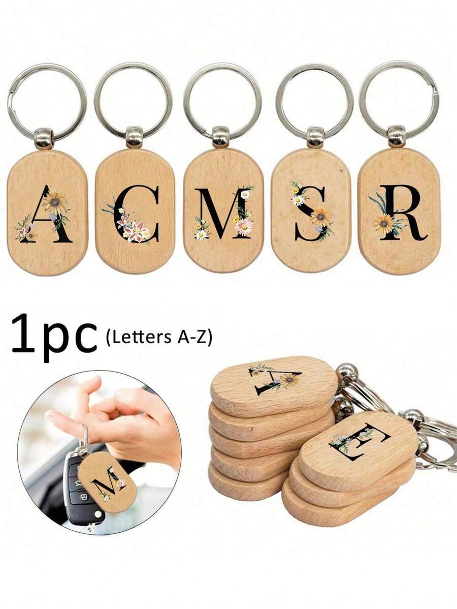 Daisy Flower Letter A-Z Pattern Wooden Keychain, First Letter Wooden Pendant, Creative Small Gift That Can Be Carved, Bag Pendant, Wooden Label, Keychain, Ring, Carved Blank Wooden Board, Diy Accessory, Single-Sided Printing - Apricot - View 1
