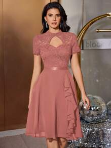 MIUSOL 花卉蕾丝高领侧边垂褶雪纺鸡尾酒会摆裙