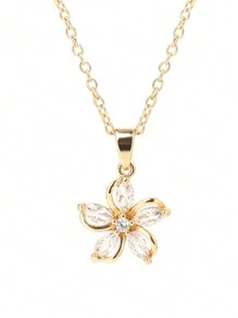 1 Piece Fashion Flower Necklace Shine Zirconia Pendant For Girls Women Gold Color Stainless Steel Chain Jewelry Party Gifts