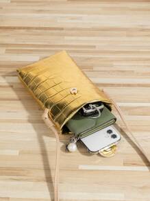 Crocodile Embossed PU Leather Gold Phone Pouch, Minimalist & Fashionable, Can Hold Coins, Shoulder Or Crossbody Strap, Anti-Theft Buckle Design, Ideal For Travel, Festivals And More. Women's Wallet, Essential For Vacation, Perfect For Summer, Vacation And Beach Trips. , Gold Bag - Gold - View 5