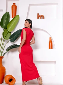 Women's Party Dress Deep V-Neck With Shoulder Pads Lined Cup Maxi Length In Fluity Mesh Fits Sizes 36 To 42 One Size Bridesmaids Civil And Guests Elegant Events - 紅色 - 查看 5
