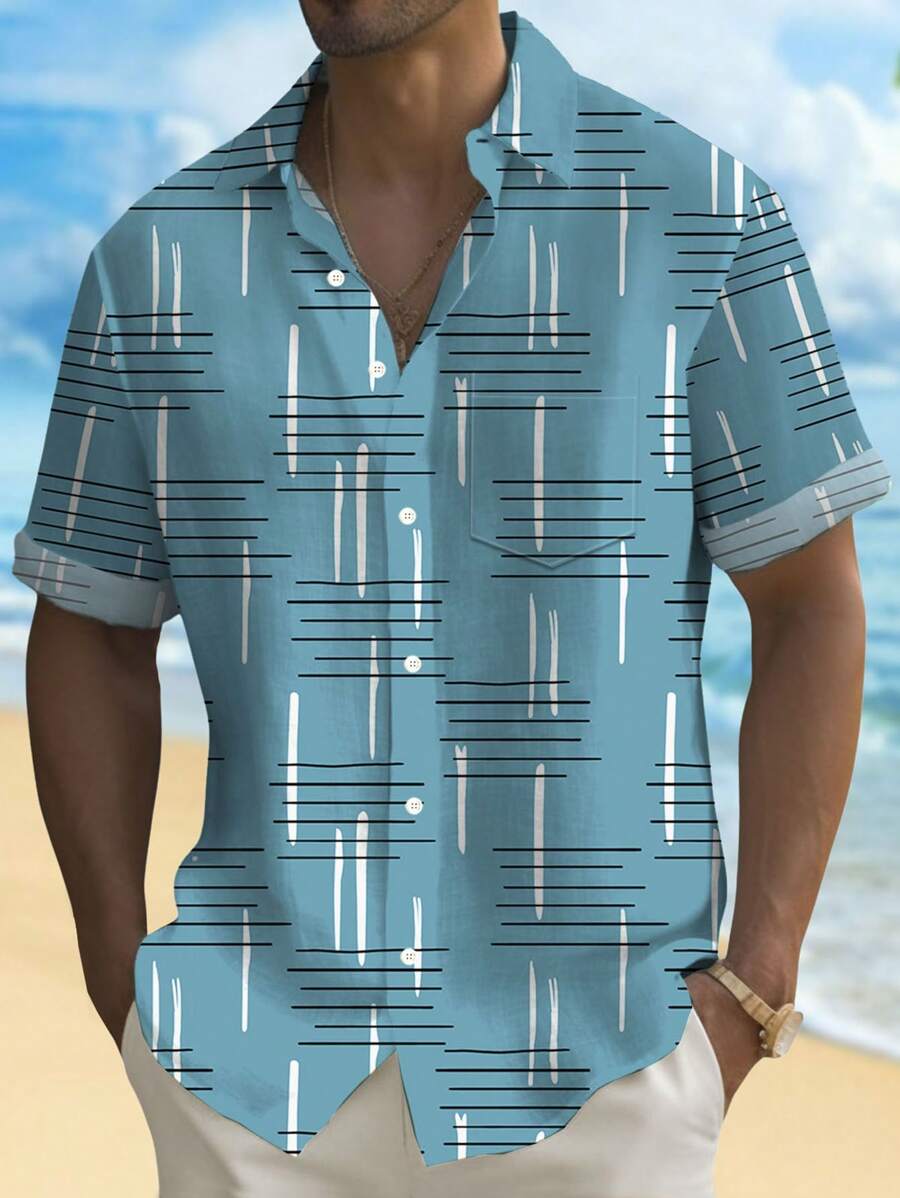 Vintage Geometric Line Print Button Pocket Short Sleeve Shirt For Men - Blue - View 1