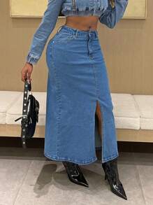 Women's Stretch Bodycon Denim Skirt - High Waisted Long Skirt With Front Slit, Zip & Button Closure Slim Fit Maxi Skirt For Casual Elegance - 中等水洗藍 - 查看 4