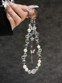 Luxury Sparkle Butterfly Rhinestone Bead Phone Bracelet Strap Charm Chain Knot Cellphone Lanyard Keychain Bag Camera Keychain Pendant - Butterfly Beads - View 15