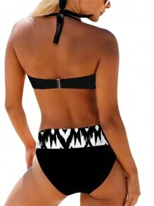 Women's Summer Swimsuit 2 Pcs Set, Big Dot Print V-Neck Bra + Middle Waist Shorts Beachwear