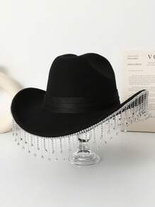 1 pièce Chapeau de cowgirl occidental fait main avec perles et franges de couleur unie pour femmes, chapeau décontracté de voyage pour festival, fête, scène, concert de musique, mariage de la mariée