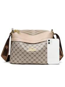 Women Geometric Pattern Leather Soft Sling Bag, Middle-Aged Shoulder Bag, Spring And Autumn New Style - Khaki - View 3