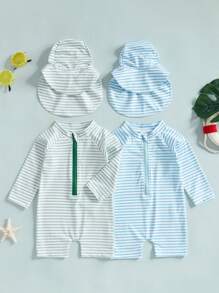 Toddler Boys Girls Rash Guard Swimsuit With Hat 2 Pcs Set Striped Pattern Zip Up Long Sleeve Crew Neck Baby Swimwears - màu xanh lá - Xem 3