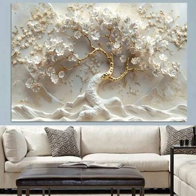 1 tấm áp phích tranh canvas cây sự sống phẳng 2D, tranh trừu tượng hoa thực vật trên vải, tranh trang trí nhà hiện đại, tranh nghệ thuật treo tường không có khung, áp phích in
