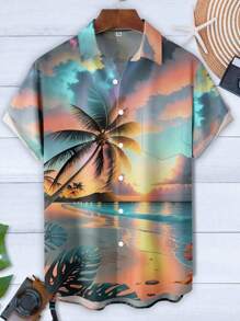 夏威夷日落风景和棕榈树海滩 3D 印花纽扣式短袖男士衬衫 - 彩色 - 查看 2