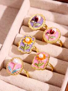 1 件复古珍珠花滴油开口戒指精致优雅珐琅郁金香向日葵郁金香彩色绘画设计女士饰品 - 多色 - 查看 2