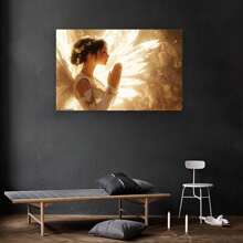 Framed Armored Figure, Ethereal Wings, Serene Expression, Majestic Wall Decor