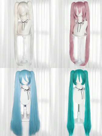 Perruque de cosplay anime à double queue de cheval longue, vibrante bleu, blanc, rose, vert herbe - résistante à la chaleur, douce et soyeuse, parfaite pour les fêtes, les accessoires de costume, les perruques de costume de femme pour les fêtes