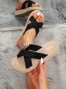 Women's Summer New Sandals Outdoor Beach Shoes, Rope Sole Female Flat Slippers