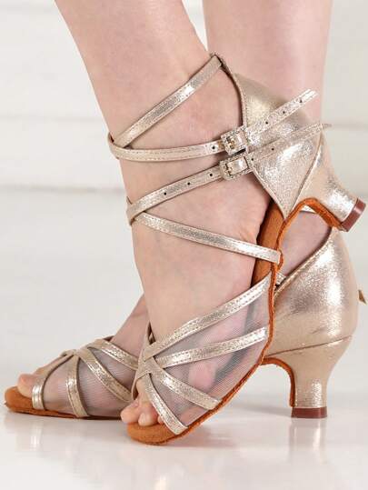 Women's Ankle Strap Design Latin Dance Shoes Golden Dance Sandals Mesh Salsa Dance Shoes Ballroom Performance Practice Dance Shoes