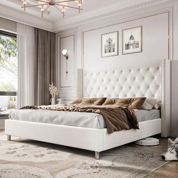 Merluxy Platform Bed Frame In Queen/King Size With Tufted Upholstered Velvet And Wingback Headboard, Strong Wooden Slats Support, Durable Mattress Foundation, Easy To Assemble