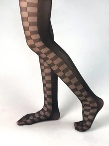 1 đôi quần tất nữ màu đen kẻ caro dệt jacquard - màu đen - Xem 4