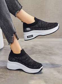 Zapatillas De Mujer De Suela Gruesa, Zapatillas Deportivas Para Exteriores Con Estilo Para Estudiantes,  Zapatos De Mujer De Suela Gruesa, Tenis.,Zapatillas De Malla Transpirables,Mocasines Planos Negros Tejidos Y Transpirables Para Mujer,  Zapatillas Deportivas Ligeras De Mujer,  Cómodos Zapatos Planos De Trabajo, Adecuados Para Todas Las Estaciones - Negro - Ver 3