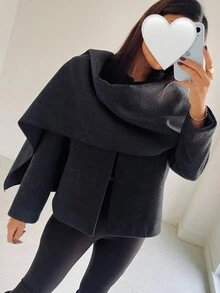 女士围巾领针织开衫优雅长袖侧开叉休闲夹克外套女式时尚大衣 - 灰色 - 查看 3