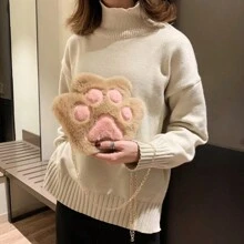 新款秋冬迷你熊爪设计单肩包，拼色简约女士斜挎包，可爱毛绒熊爪拉链包钱包，柔软毛绒小背包 - 彩色 - 查看 5