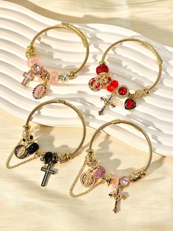 1pc Stainless Steel Gold Cross Pendant Chain Bangle Bracelet, Adjustable Size Women Everyday Wear