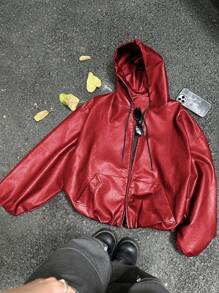 男式宽松短款连帽PU皮革Rave夹克