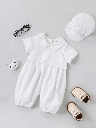 Baby Boy 3pcs/Set Christening Outfit - White Romper + Vest + Hat