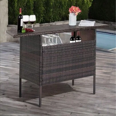 Patio Bar Table, Outdoor Rattan Storage Bar Counter With 2 Shelves And Goblet Wine Glass Holders, Waterproof Wicker Backyard Furniture For Backyard Poolside Garden