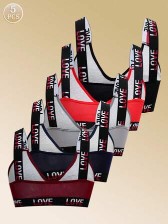5pcs Comfortable Wireless & Unpadded Letter Strap Ladies Bra