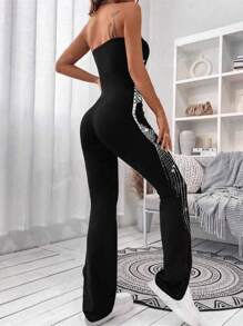 Macacão Brilhante com Strass Sexy e Sem Mangas Decote em Halter Para Mulheres, Ideal para Festas, Concertos, Raves, Festivais, Boates
