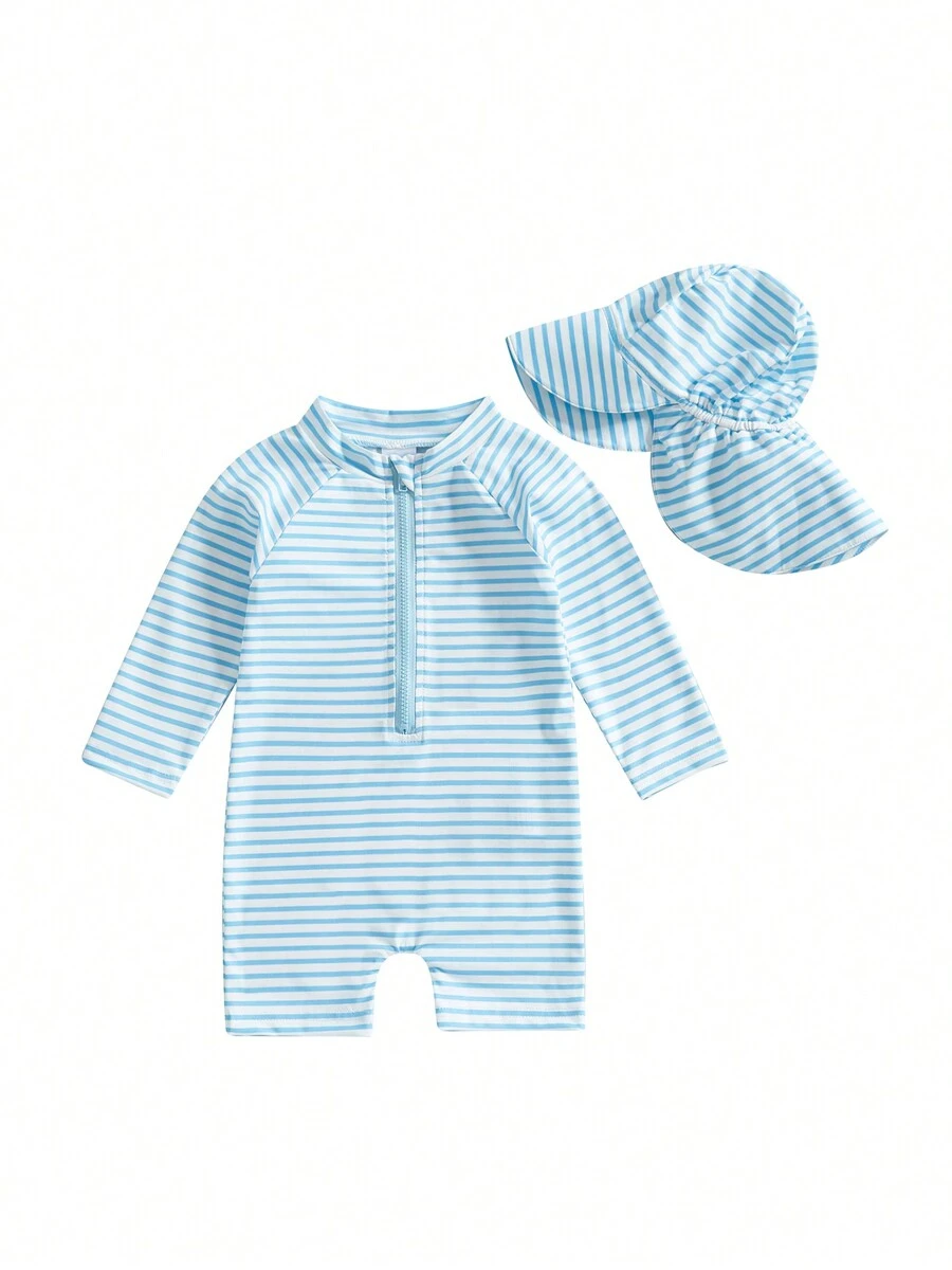 Toddler Boys Girls Rash Guard Swimsuit With Hat 2 Pcs Set Striped Pattern Zip Up Long Sleeve Crew Neck Baby Swimwears - Blue - View 1