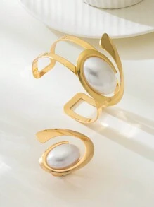 1 Set Exaggerated Metal Inlaid Pearl Half-Bangle Women Bracelet Ring Jewelry Mini Accessory Set - Holiday Gift - White - View 4
