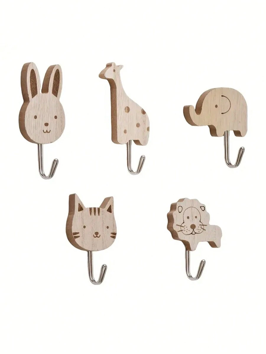 5 个木制动物形状可爱墙挂钩，儿童房装饰自粘式衣架收纳挂钩