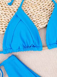 女士夏季沙滩装，分体纯色泳衣，褶皱系带设计，金属配饰，性感比基尼套装适合女性度假 - 藍色 - 查看 3