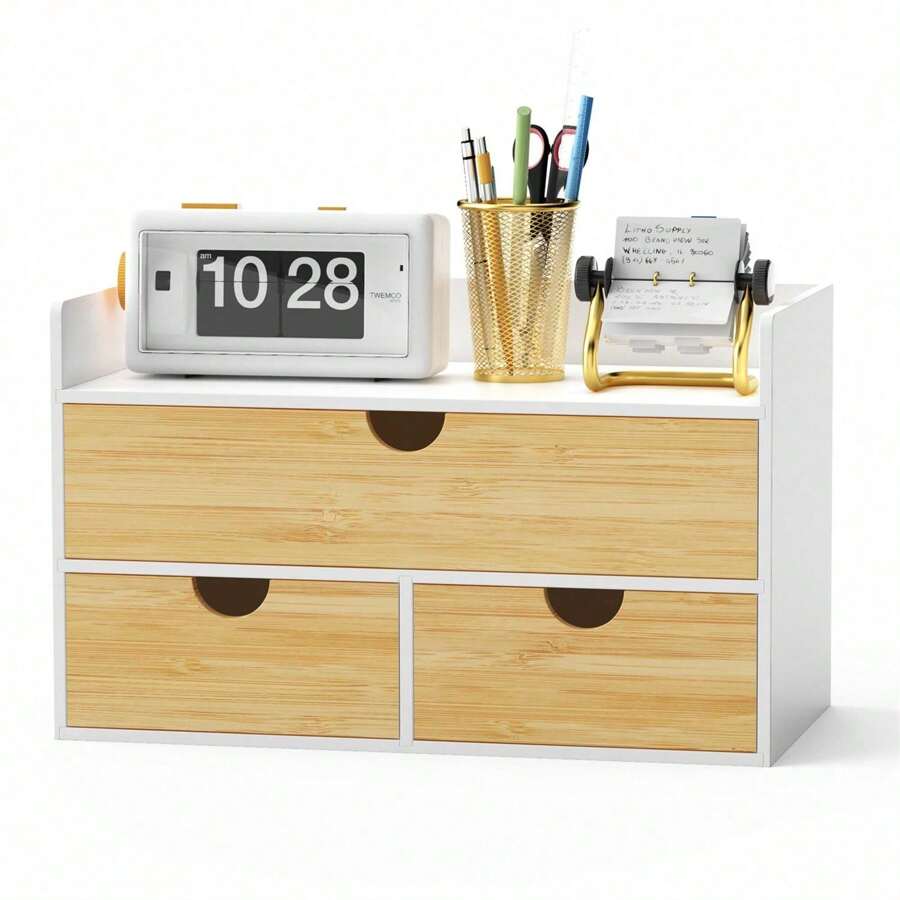 Desk Organizer With Drawers - Bamboo Desktop Organizer Storage Wood Desk Drawers Organizer For Bills, Office Supplies, Cosmetics, Seals No Assembly Required - White - View 1