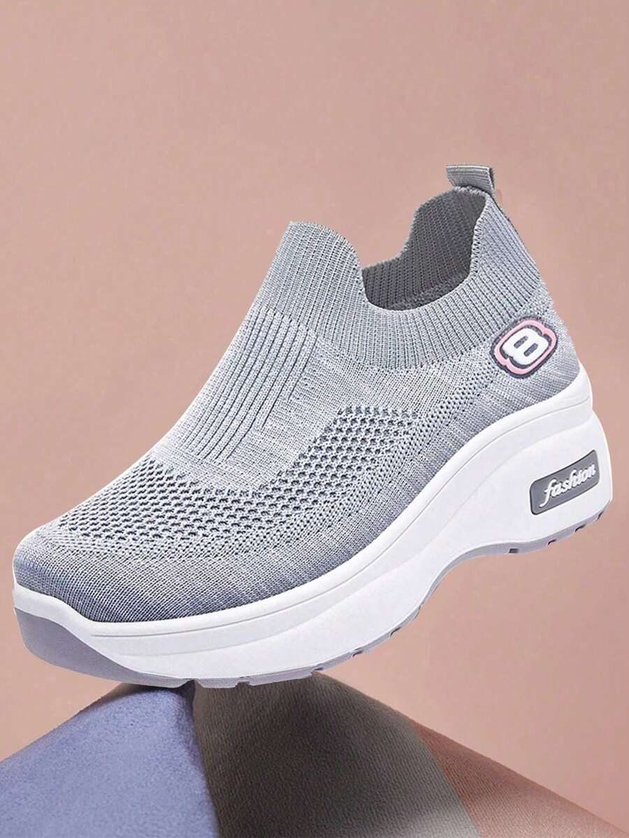 Zapatillas de deporte de suela gruesa de malla transpirable para mujer, zapatillas de deporte casuales de mujer, Zapatillas de deporte casuales antideslizantes ligeras, Zapatillas de deporte de suela gruesa para mujer, tenis,  Zapatos blancos de colores mezclados de malla transpirable,Zapatos planos de trabajo cómodos para todas las estaciones. - Gris - Ver 1