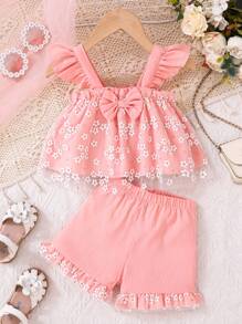2pcs Baby Girls Sweet Net Yarn Floral Print Pink Camisole And Shorts Set, Suitable For Outdoor, Indoor, Holiday Wear, Summer - Pink - View 1