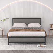 VECELO Metal Platform Bed Frame With Upholstered Headboard, Metal Slat Support, No Box Spring Needed, Easy To Assembly - Grey - View 3