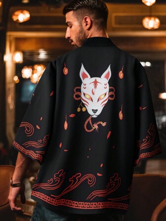 Japanese Style Fox Print Casual Lightweight Kimono Top, For Spring/Summer, Vintage Harajuku Streetwear, Travel, Beach Cover-Up, Performing Arts Costume